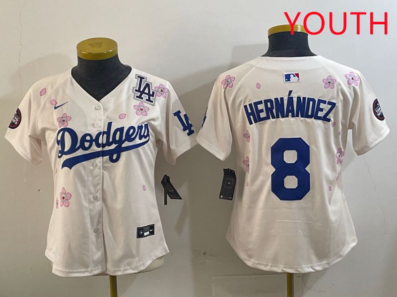 Youth Los Angeles Dodgers 8 Hernandez Cream Sakura Edition 2025 Nike MLB Jersey style 5